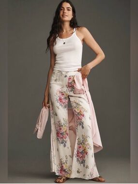 Anthropologie Floral Wide-Leg Pants - White Satin Size 12Tall